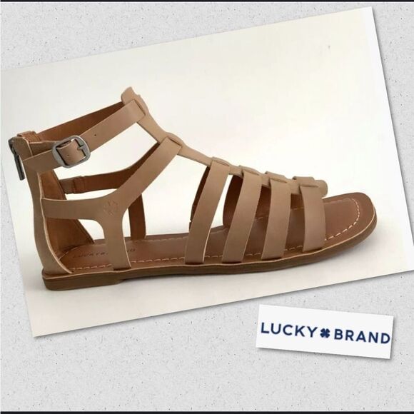 Lucky Brand Flat Gladiator Strappy Ankle Strap Sandals Sz 6 Light Tan NWOB - Picture 1 of 8